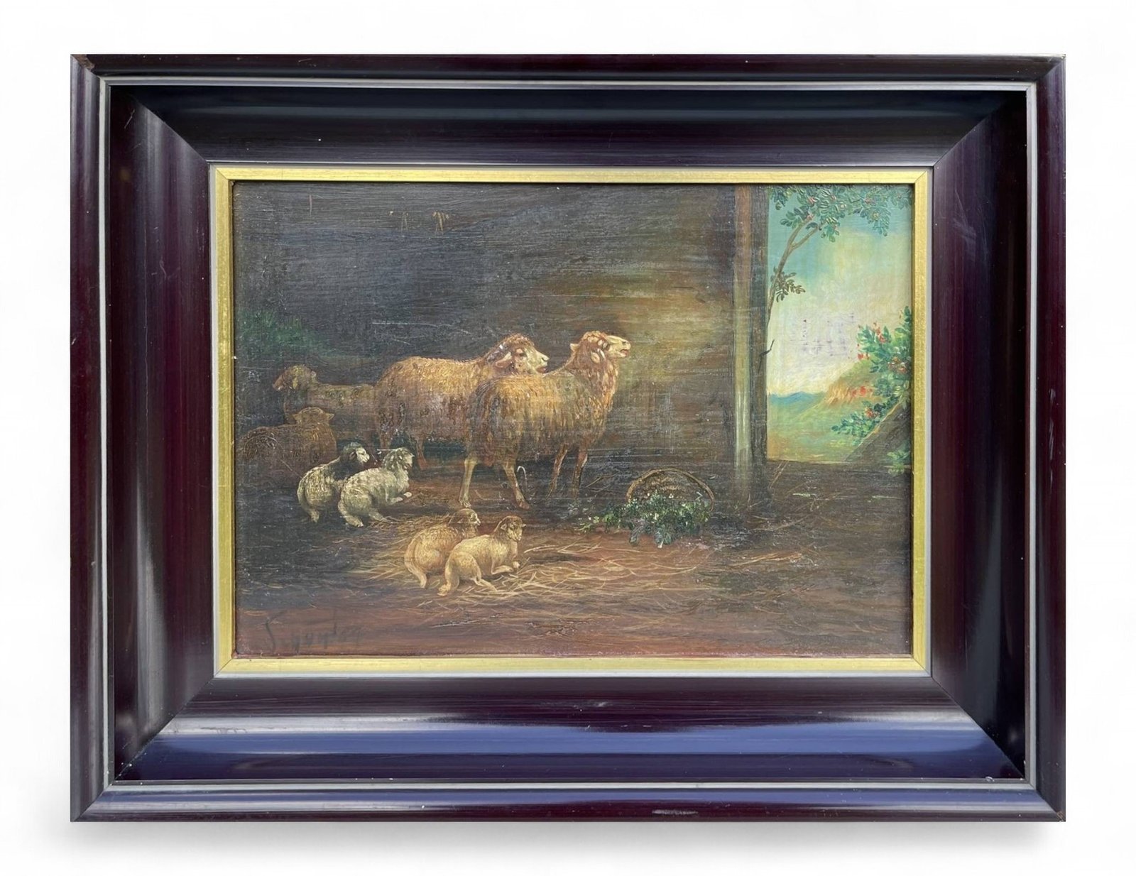 Sheep with their Lambs in the Stable, oil painting, early 20th C.